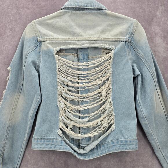 Blue Wash Raw Jeans Denim Distress Button Jacket Small - Picture 6 of 8